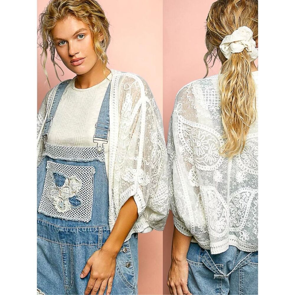 POL Open Front Crochet Lace Cardigan Floral Embroidered Boho Kimono Cover Up